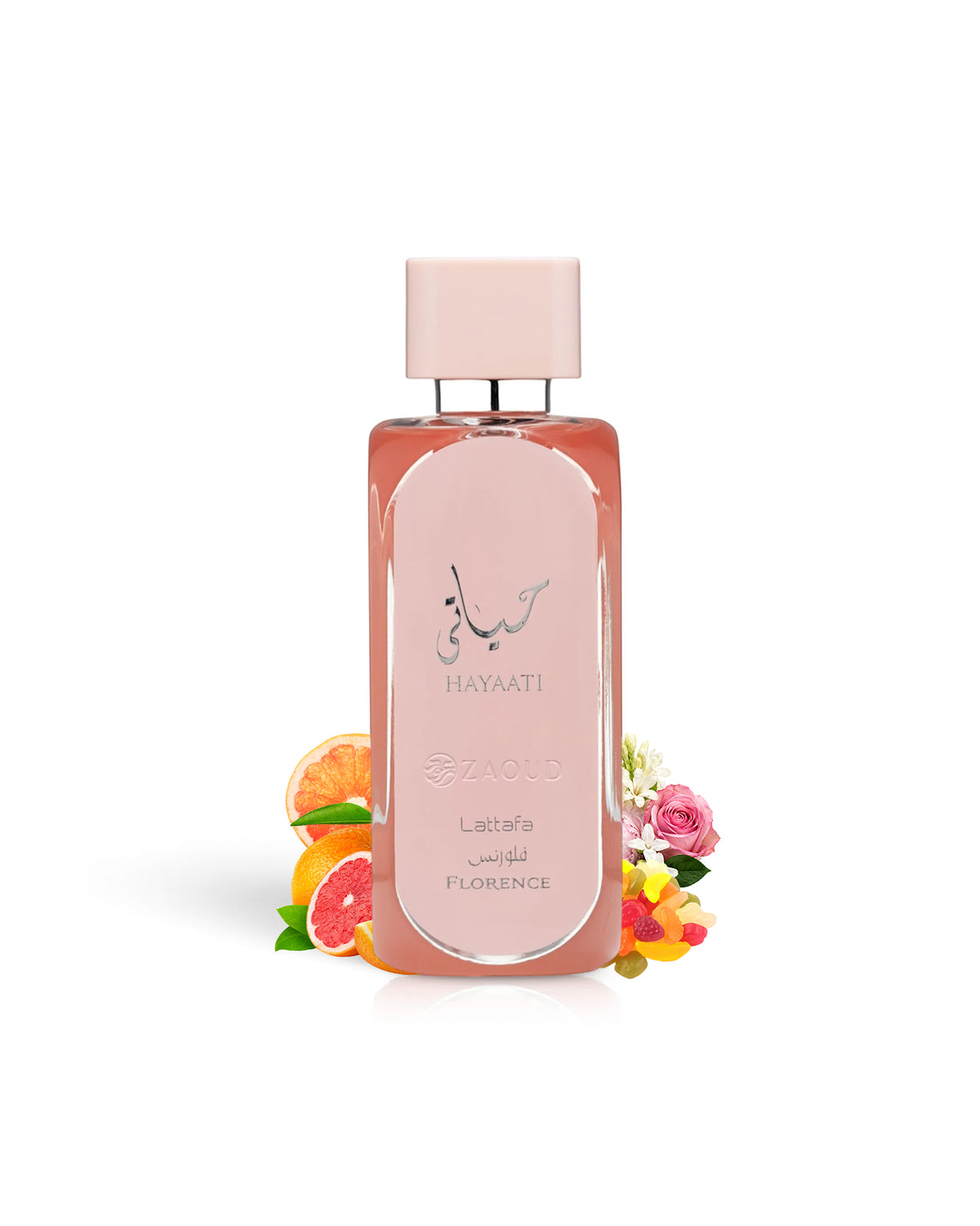 lattafa hayaati florence perfume bottle surrounded with fragranc enotes like fruits and floral shows against white background