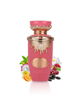 lattafa jouri perfume bottle surrounded by fragrance notes like tangerine and lilly shows against white background