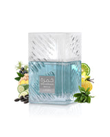 lattafa khamrah waha perfume bottle surrounded by fragrance notes like cucumber and citrus shows against white background