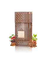 lattafa khamrah mira perfume bottle surrounded with fragrance notes like benzoin and cinnamon shows against white background