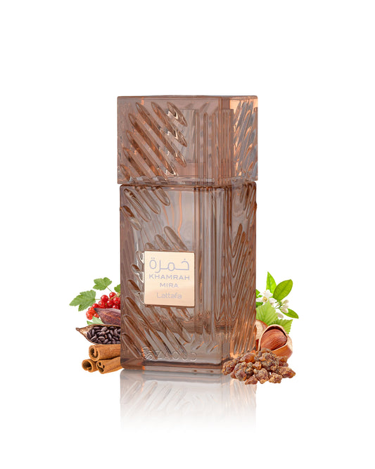 lattafa khamrah mira perfume bottle surrounded with fragrance notes like benzoin and cinnamon shows against white background