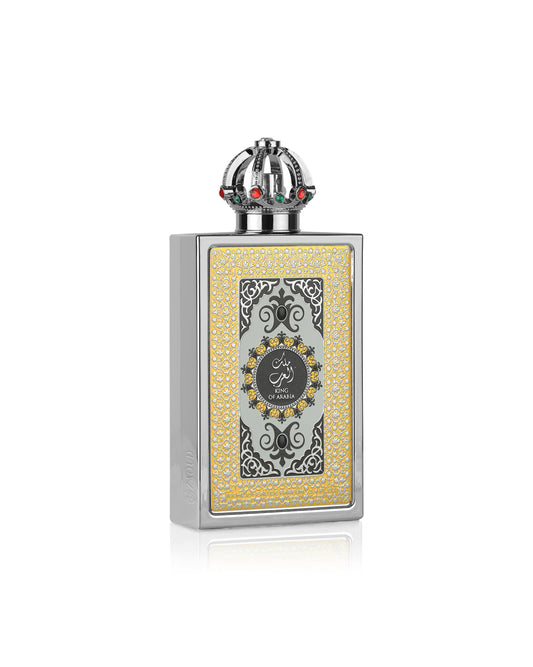 lattafa king of arabia Decorative perfume bottle with intricate design on a white background