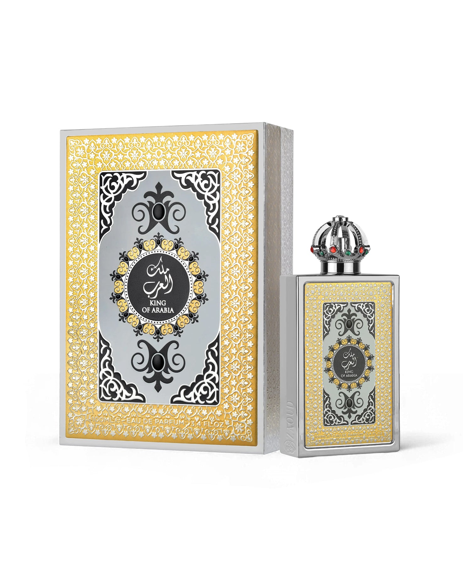 lattafa king of arabia Perfume bottle and packaging with intricate design on a white background