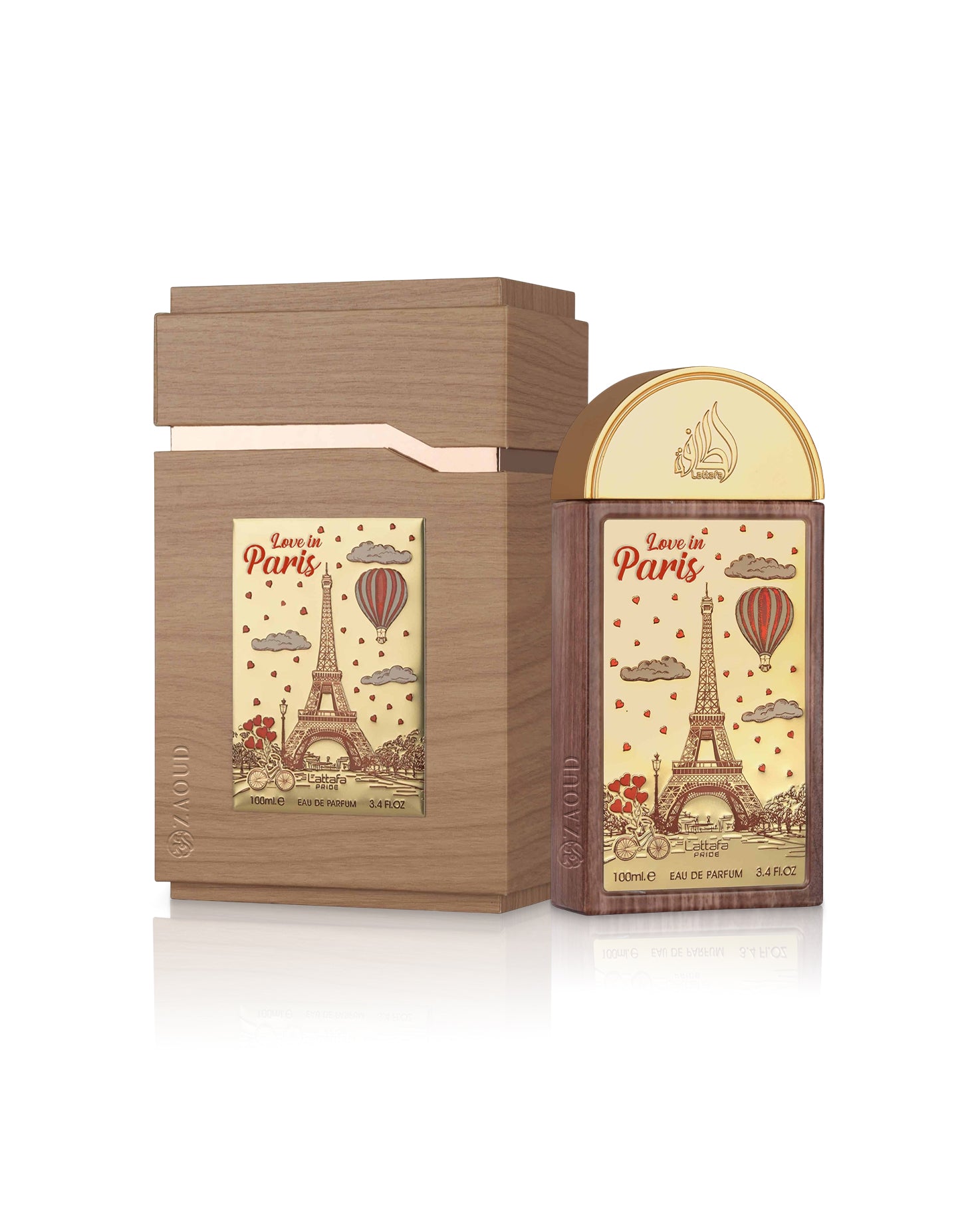 lattafa love in paris perfume bottle shows beside packaging against white background 