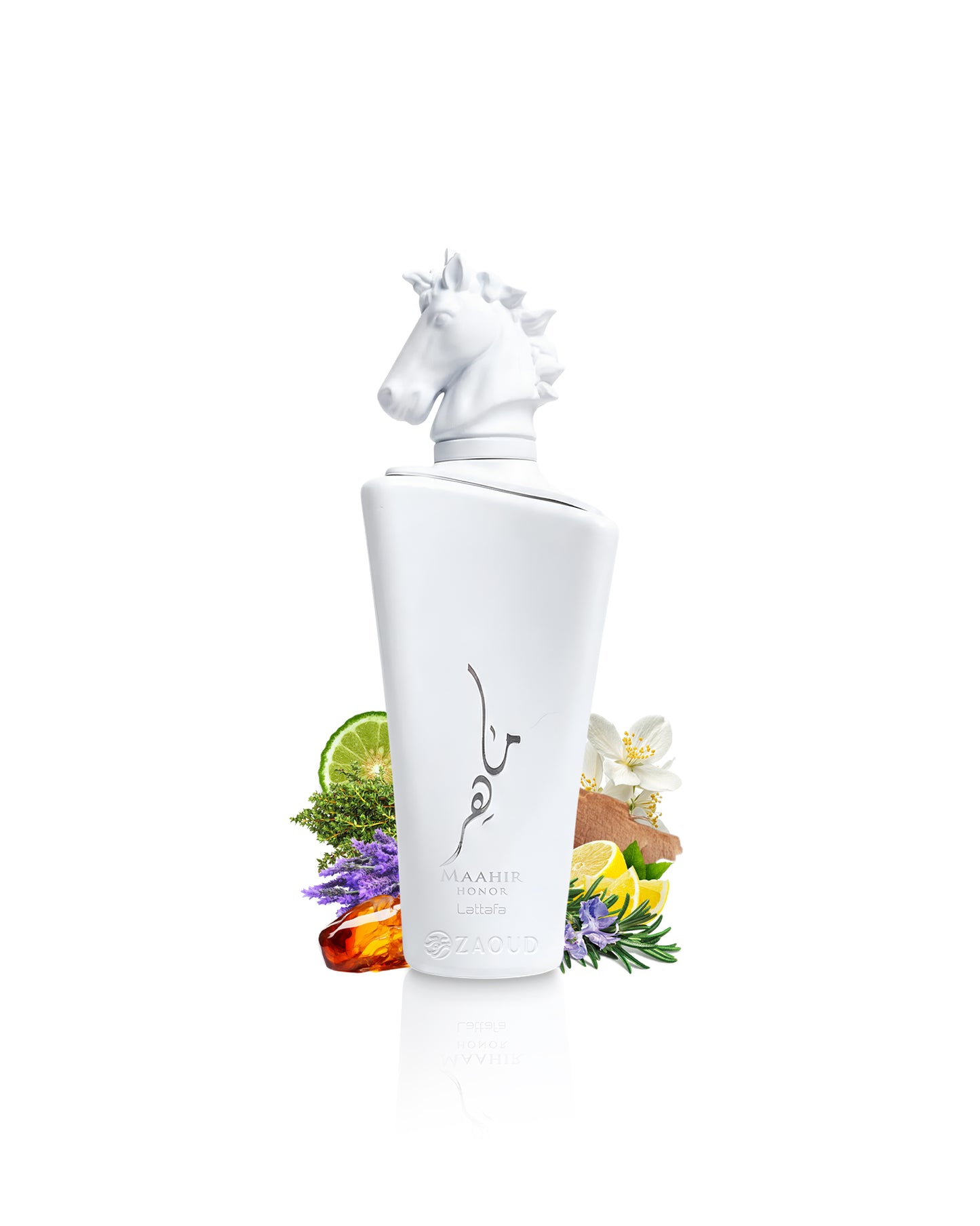 lattafa maahir legacy perfume bottle surrounded by fragrance notes like lavender and rosemary shows against white background