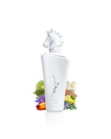 lattafa maahir legacy perfume bottle surrounded by fragrance notes like lavender and rosemary shows against white background