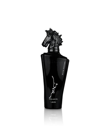 lattafa maahir black edition perfume bottle shows against white background