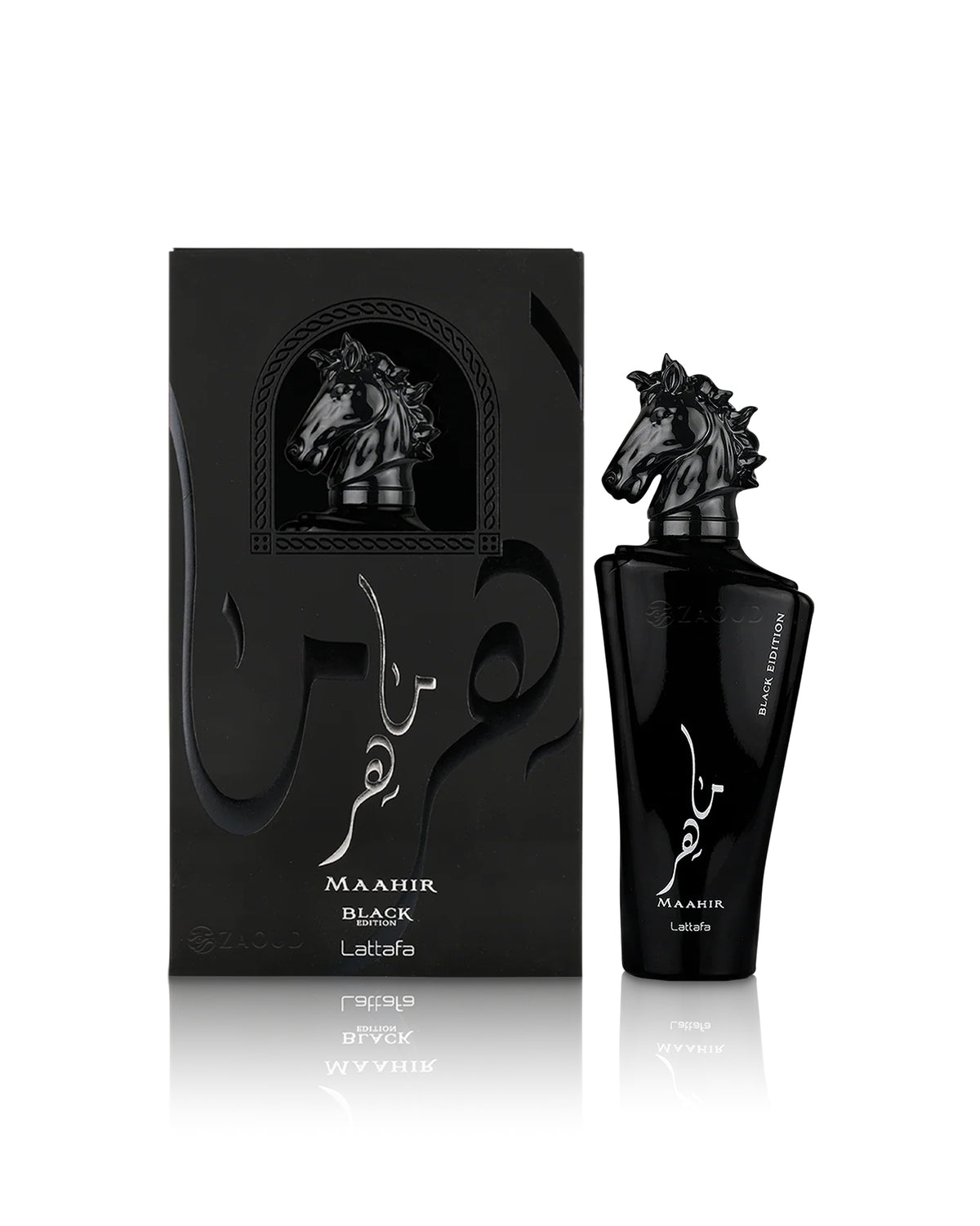 lattafa maahir black edition perfume bottle shows beside its packaging against white background