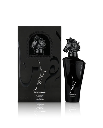 lattafa maahir black edition perfume bottle shows beside its packaging against white background
