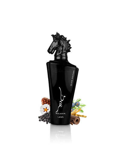 lattafa maahir black edition perfume bottle surrounded with fragrance notes like leather and black pepper shows against white background