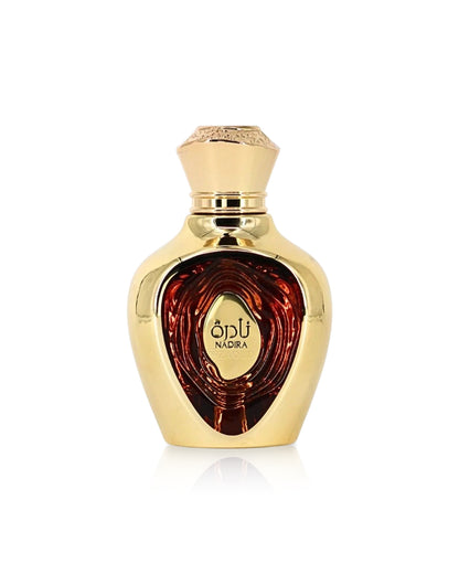 lattafa nadira Gold perfume bottle with a red interior on a white background