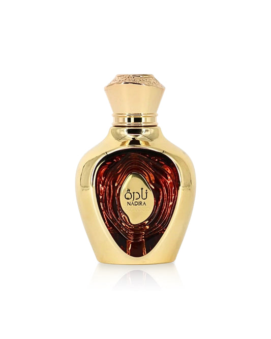 lattafa nadira Gold perfume bottle with a red interior on a white background