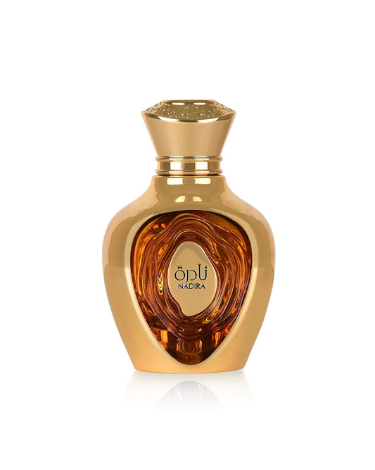 lattafa nadira Gold perfume bottle with a red interior on a white background