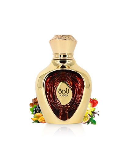 lattafa nadira Gold perfume bottle with decorative elements like fruits and caramel on a white background