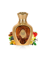 lattafa nadira Gold perfume bottle with decorative elements like fruits and caramel on a white background