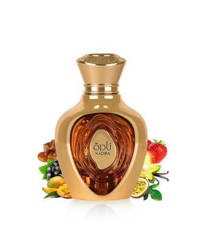 lattafa nadira Gold perfume bottle with decorative elements like fruits and caramel on a white background