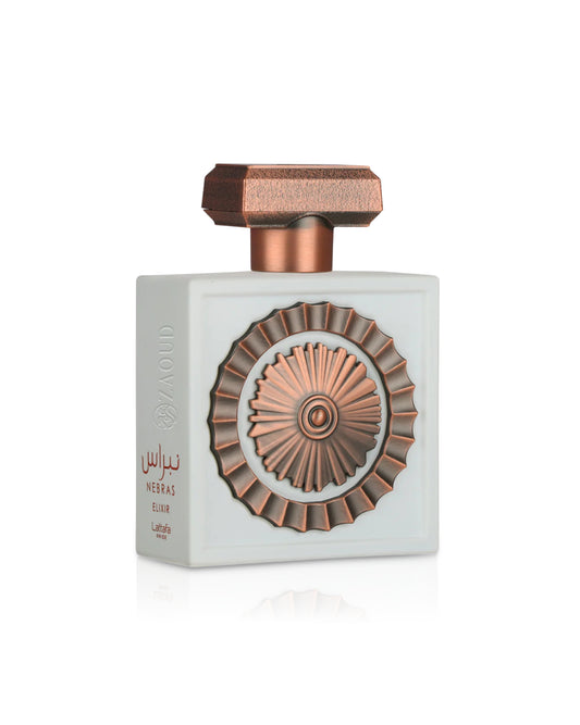 lattafa nebras elixir Perfume bottle with decorative cap on a white background