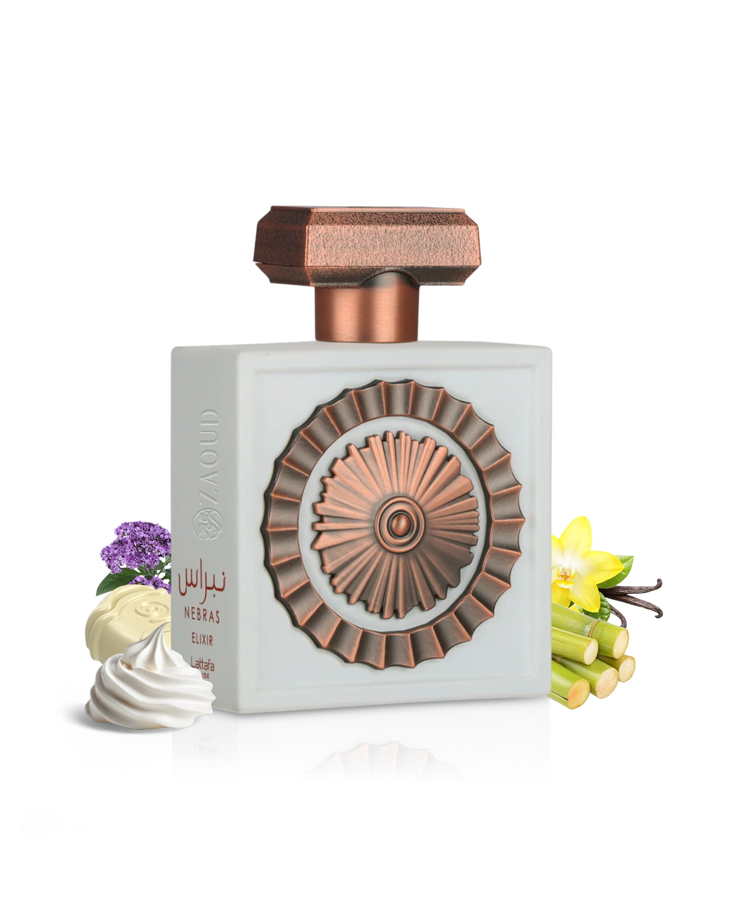 lattafa nebras elixir Perfume bottle with decorative cap surrounded by whipped cream and sugarcane  on a white background
