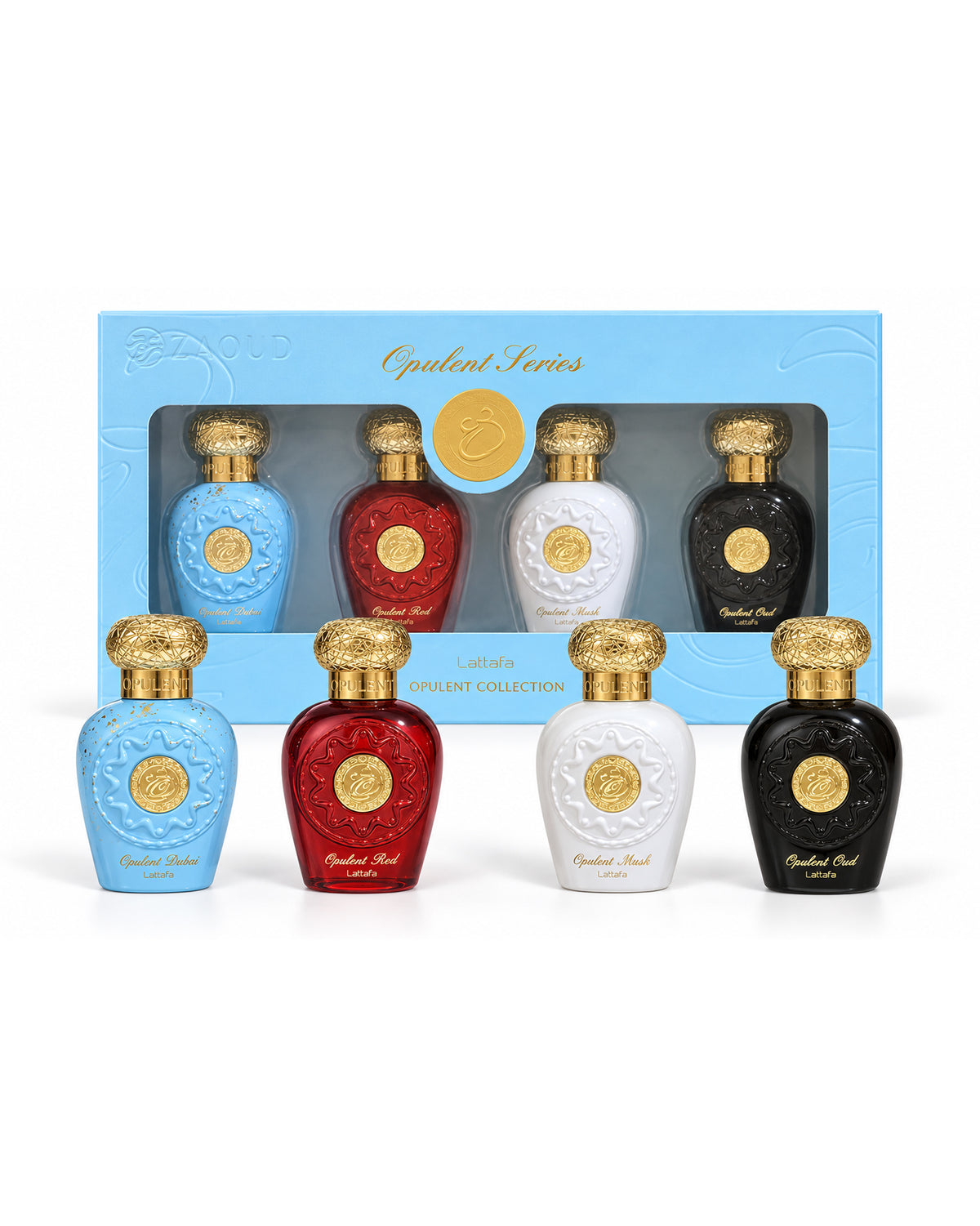 lattafa opulent collection miniature perfume bottle shows with packaging behind against white background