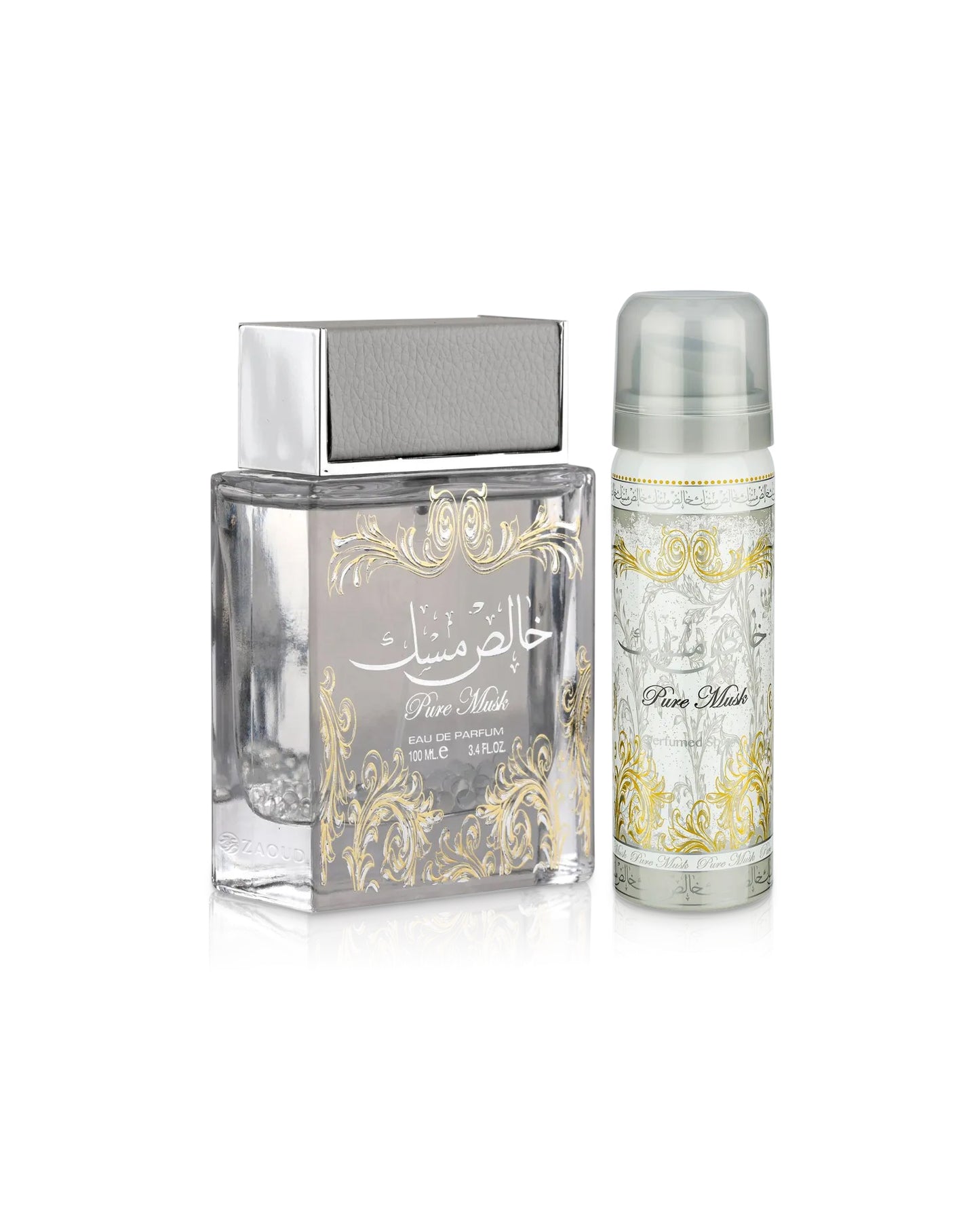 lattafa pure musk perfume bottle with deodorant bottle shows against whithe background