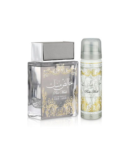 lattafa pure musk perfume bottle with deodorant bottle shows against whithe background