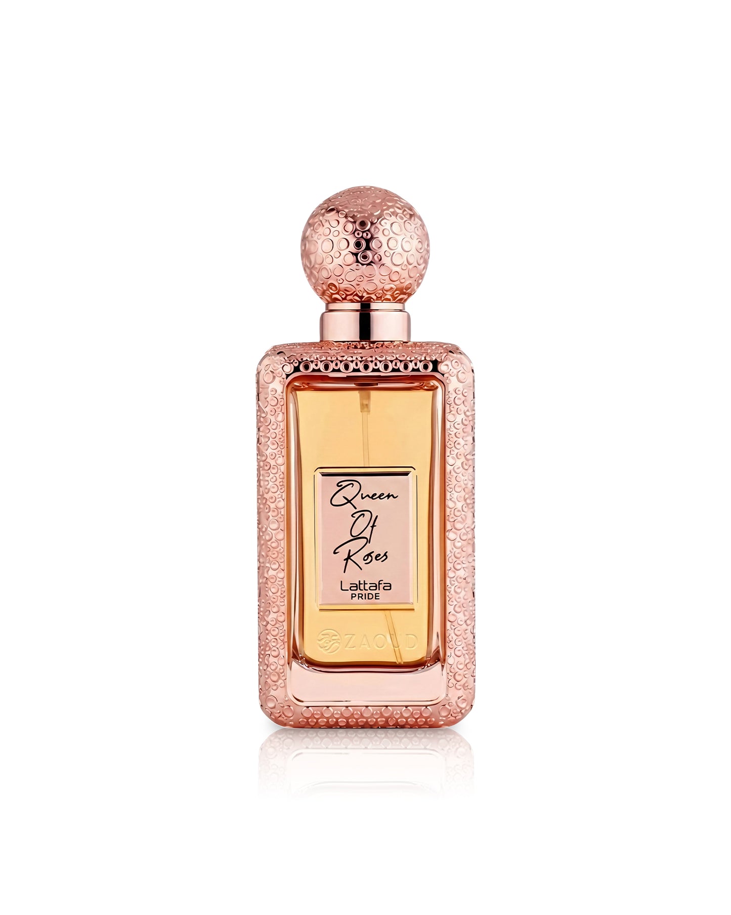 lattafa queen of roses perfume bottle shows against white background