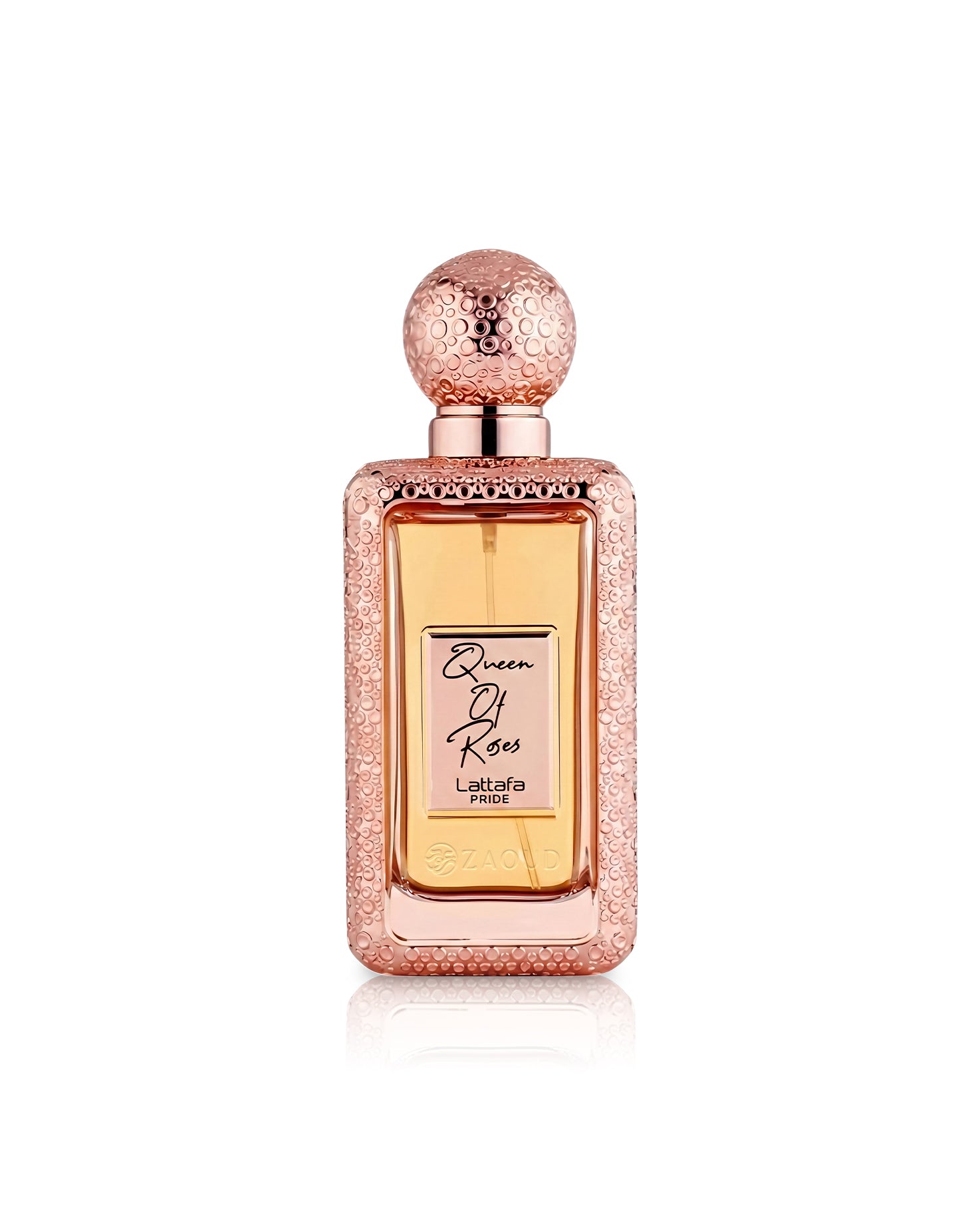 lattafa queen of roses perfume bottle shows against white background