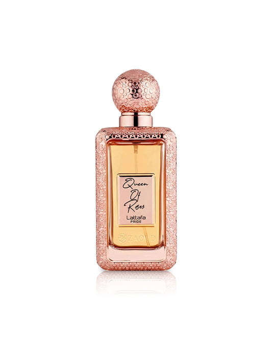 lattafa queen of roses perfume bottle shows against white background