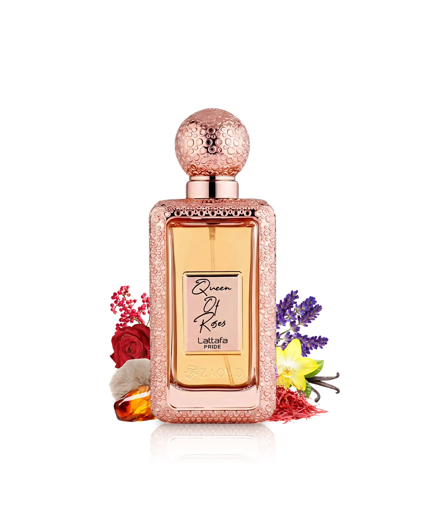 lattafa queen of roses perfume bottle surrounded by fragrance notes like saffron and rose shows against white background