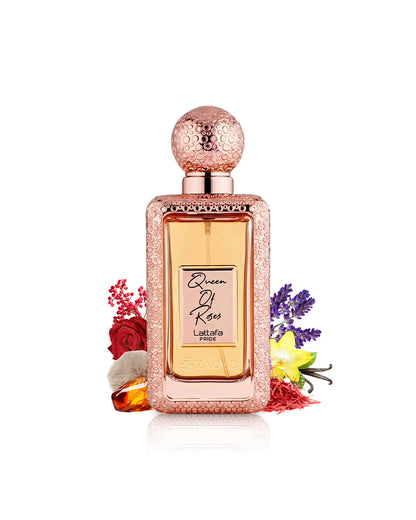 lattafa queen of roses perfume bottle surrounded by fragrance notes like saffron and rose shows against white background