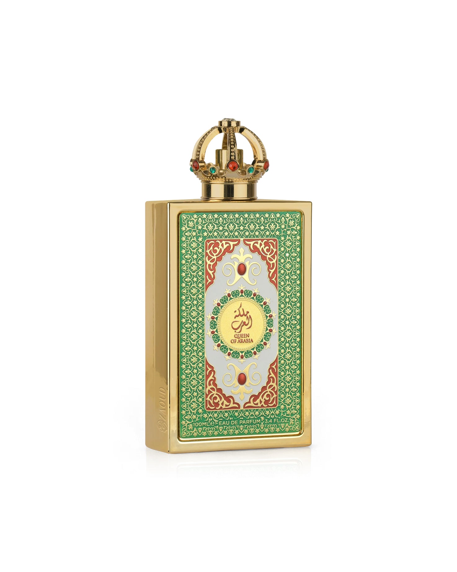 lattafa queen of arabia Decorative perfume bottle with intricate design on a white background