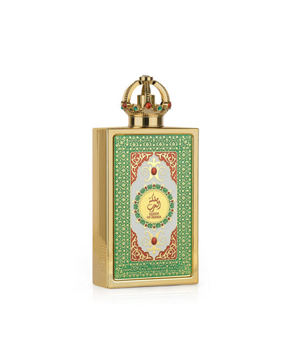 lattafa queen of arabia Decorative perfume bottle with intricate design on a white background