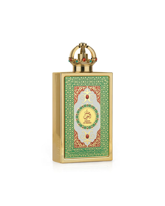 lattafa queen of arabia Decorative perfume bottle with intricate design on a white background