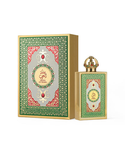 lattafa queen of arabia Perfume bottle and packaging with intricate design on a white background