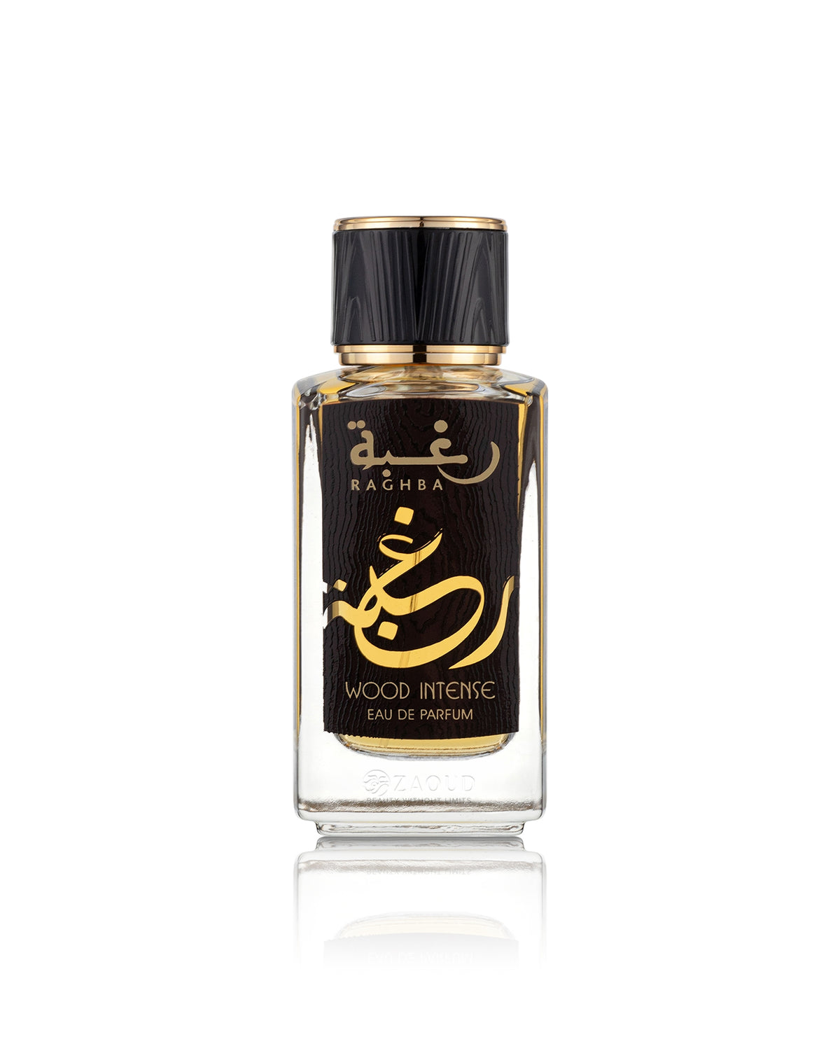 lattafa raghba wood intense perfume bottle shows against white background