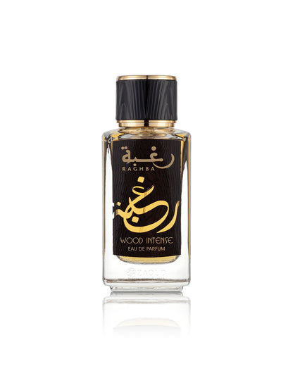 lattafa raghba wood intense perfume bottle shows against white background