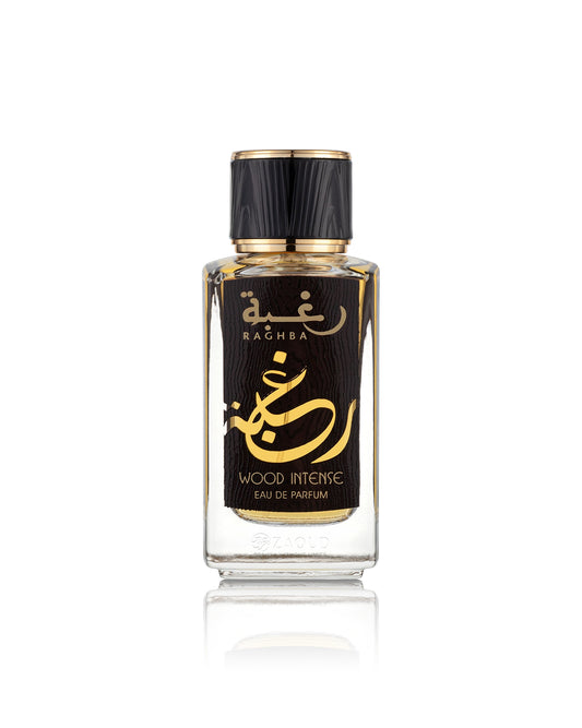 lattafa raghba wood intense perfume bottle shows against white background