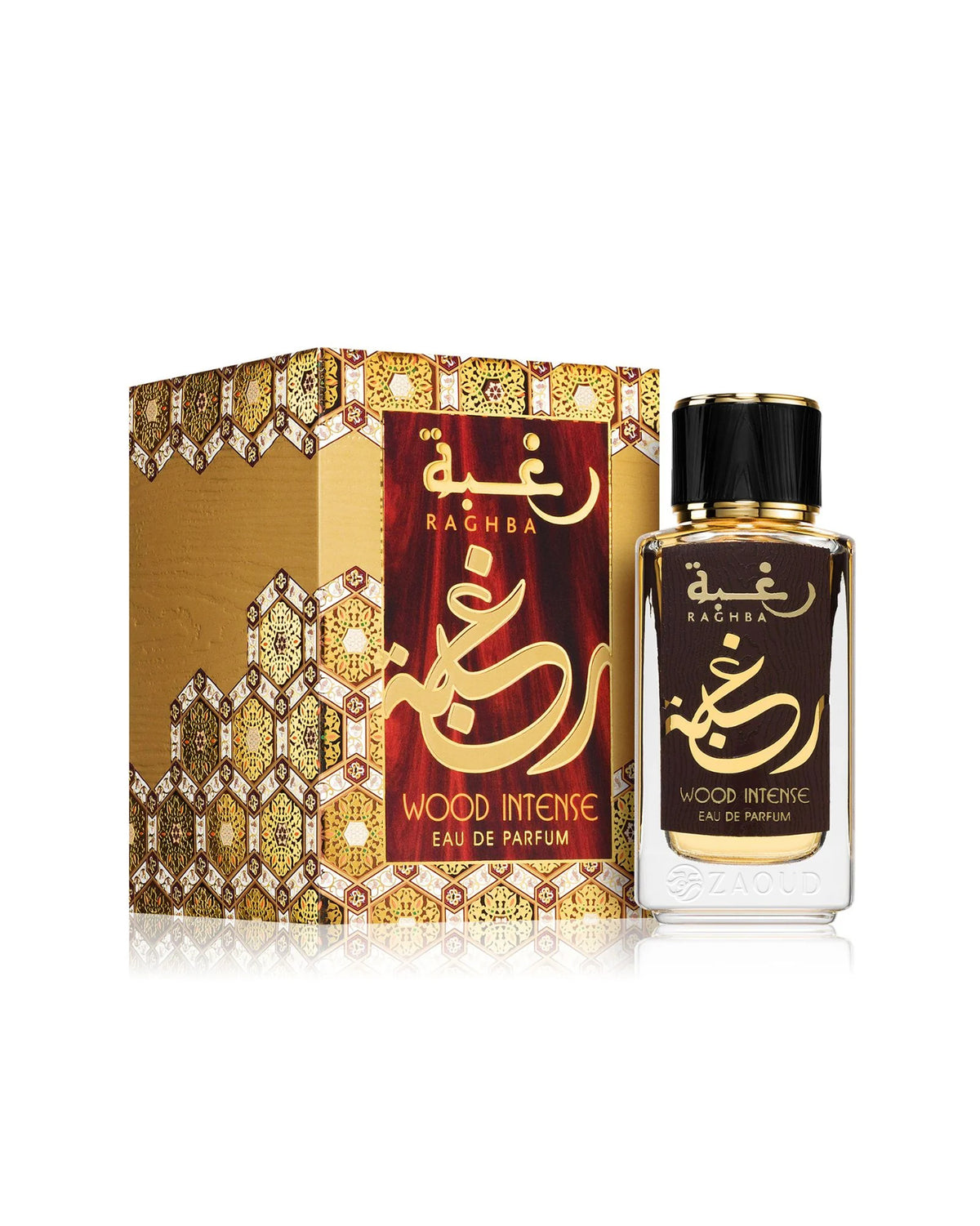 lattafa raghba wood intense Parfum bottle and its ornate gold and red packaging box, featuring Arabic calligraphy on a clean white background.