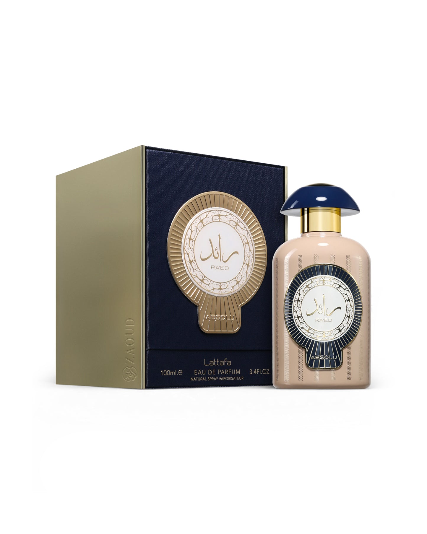 lattafa raed absolu Perfume bottle and packaging with decorative design on a white background