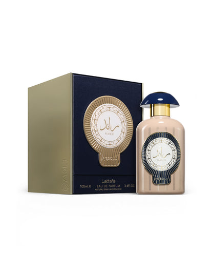 lattafa raed absolu Perfume bottle and packaging with decorative design on a white background