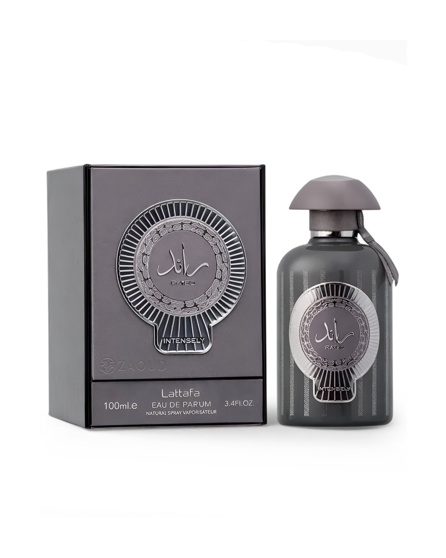 lattafa raed intensely perfume bottle shows beside its packaging against white background