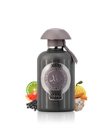 lattafa raed intensely perfume bottle surrounded by fragrance notes like yuzu and pepper shows against white background