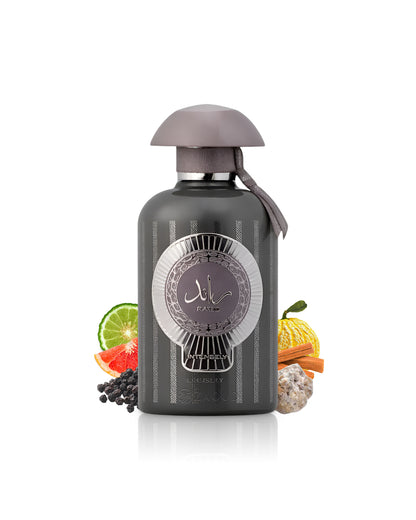 lattafa raed intensely perfume bottle surrounded by fragrance notes like yuzu and pepper shows against white background