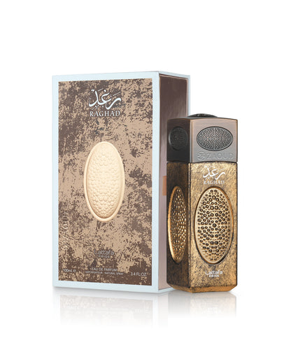 lattafa Raghad Eau de Parfum bottle and its matching retail box, both featuring a textured metallic gold and brown design with a central cream-colored oval motif, set against a clean white background.