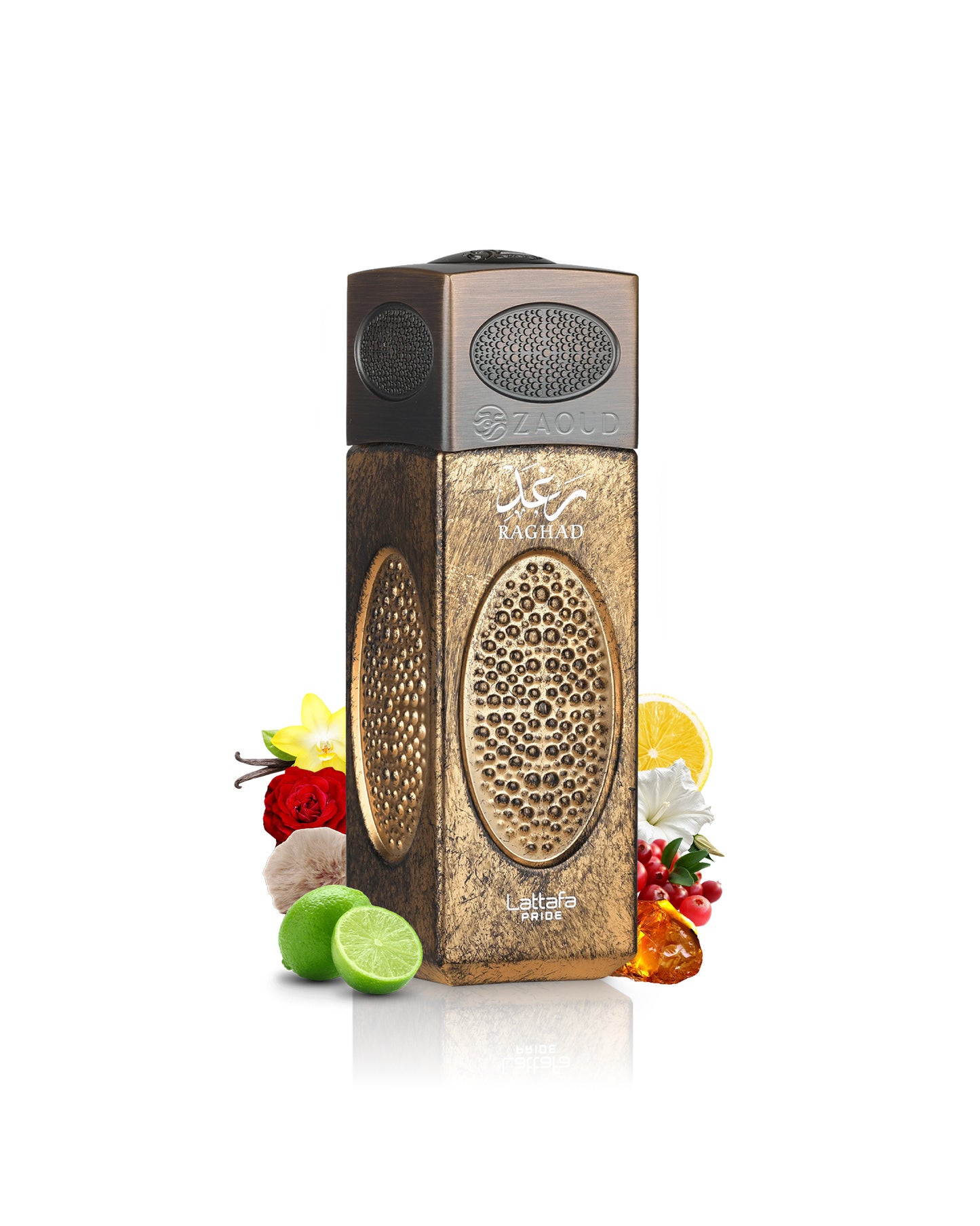 A metallic bronze and gold rectangular perfume diffuser or incense burner with circular perforated details, shown on a white background with decorative flowers, citrus, and berries around its base. The brand name 'raghad' is visible on the front.