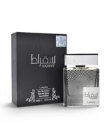 lattafa suqraat perfume bottle shows beside its packaging against white background