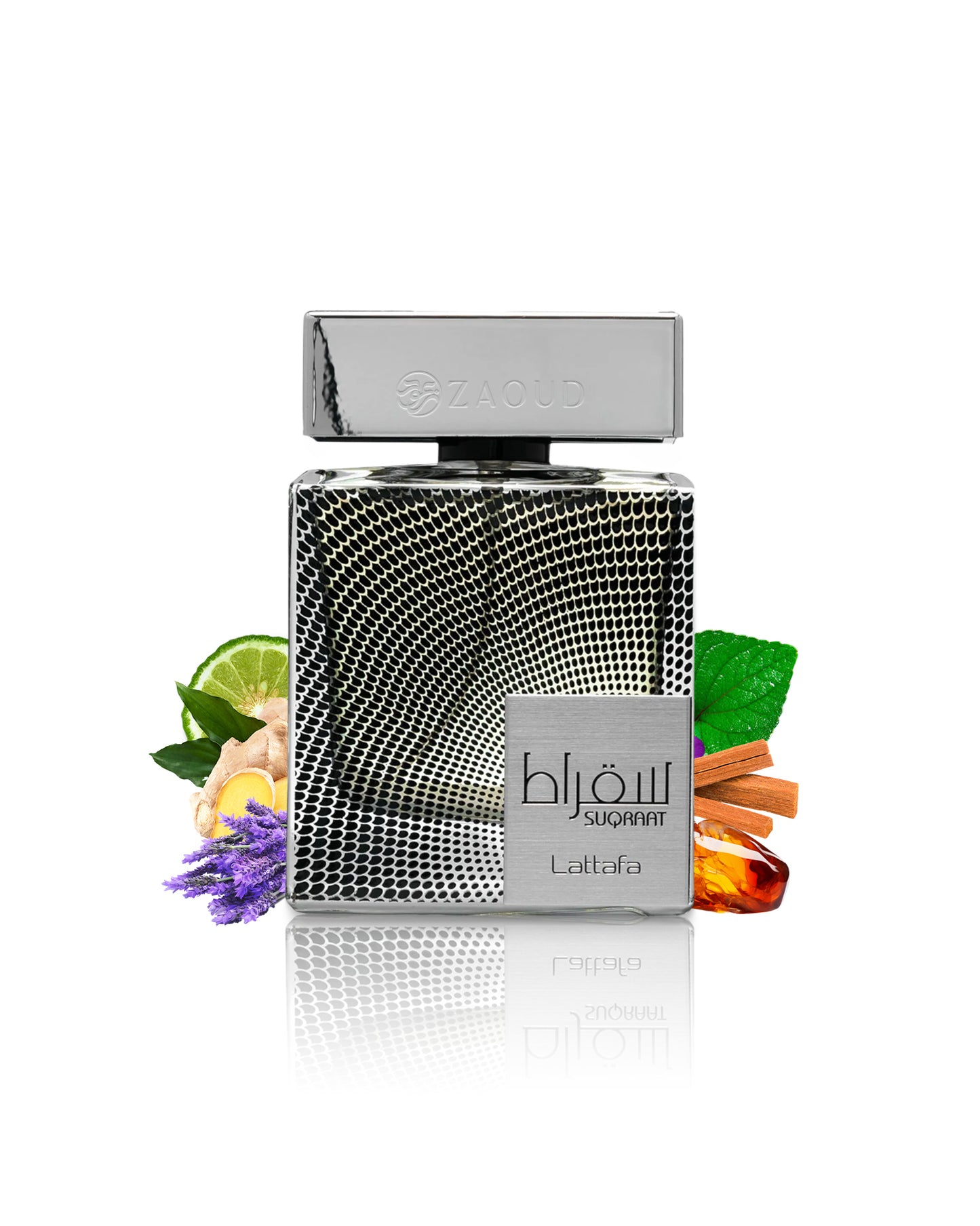 lattafa suqraat perfume bottle surrounded by fragrance notes like amber and lavender shows against white background