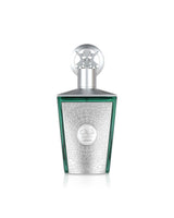 lattafa sherif Silver and green perfume bottle on a white background