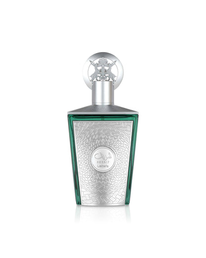 lattafa sherif Silver and green perfume bottle on a white background