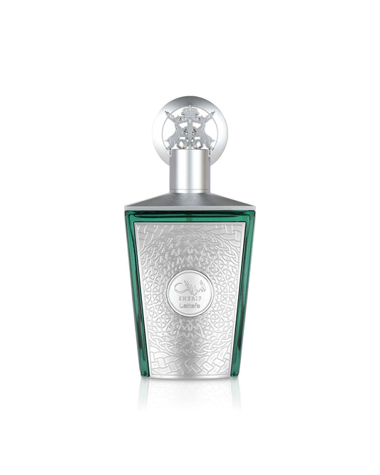 lattafa sherif Silver and green perfume bottle on a white background